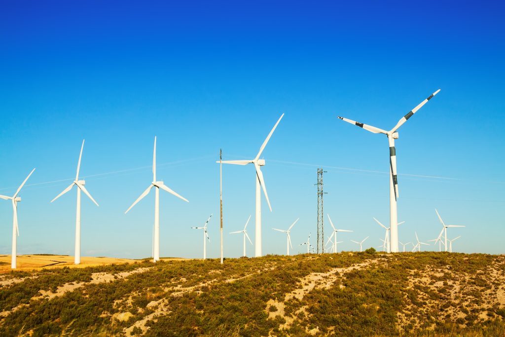 wind turbines at farmland in summer