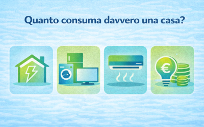 Infografica sul consumo elettrico medio famiglia con icone di casa, elettrodomestici, climatizzatore e costi energetici