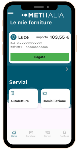 Schermata forniture dell’App METyou di MET Energia con dettaglio bolletta luce, importo e stato pagamento.