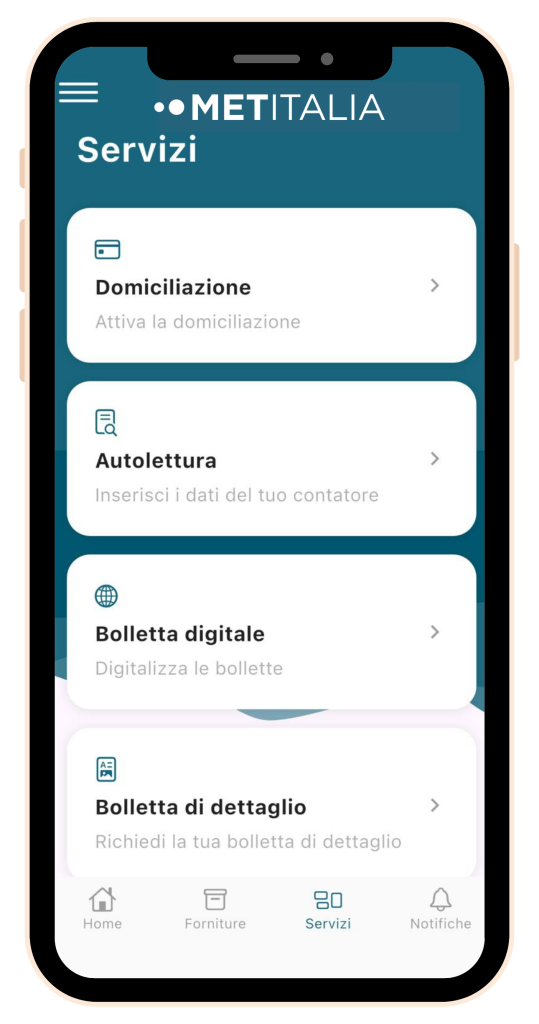 Schermata servizi dell’App METyou di MET Energia con opzioni domiciliazione, autolettura e bolletta digitale