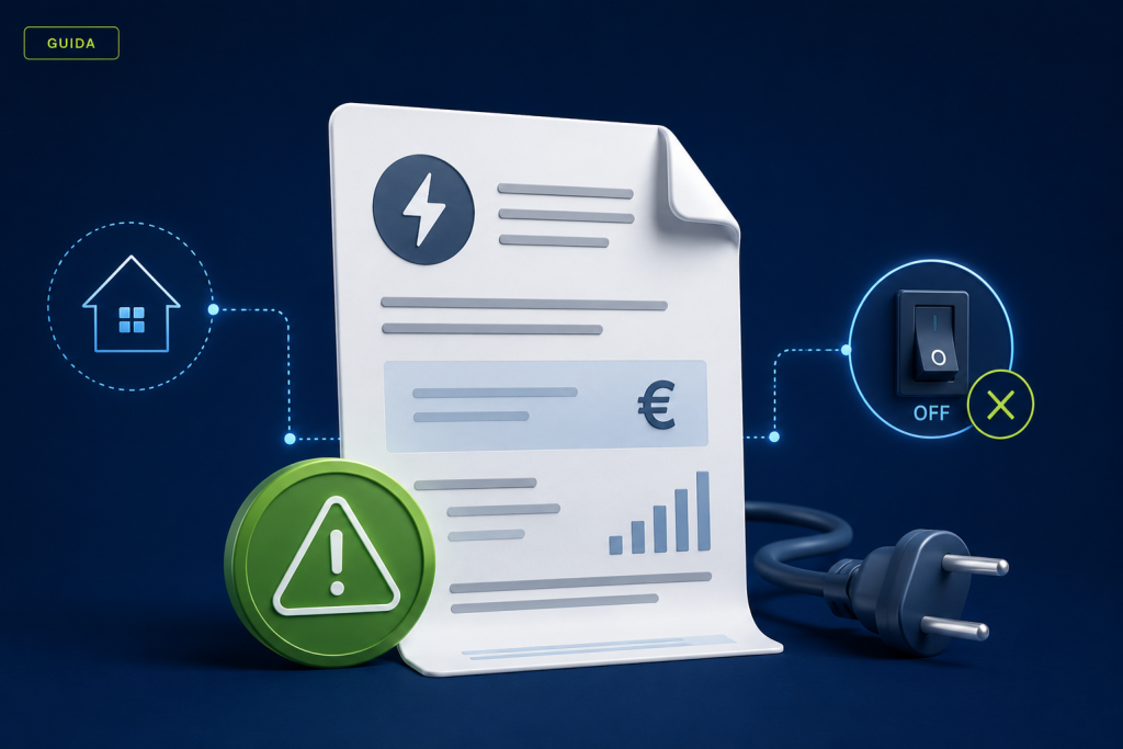 Documento relativo a una bolletta non pagata con simboli che rappresentano avviso di morosità e possibile sospensione della fornitura energetica