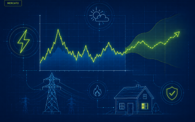 Schema tecnico con andamento previsto dei prezzi dell'energia elettrica e principali fattori che influenzano il mercato energetico