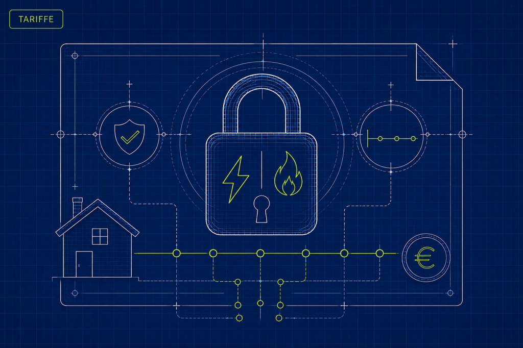 Schema tecnico che rappresenta un'offerta luce e gas a prezzo bloccato con simboli di stabilità, protezione e controllo dei costi energetici