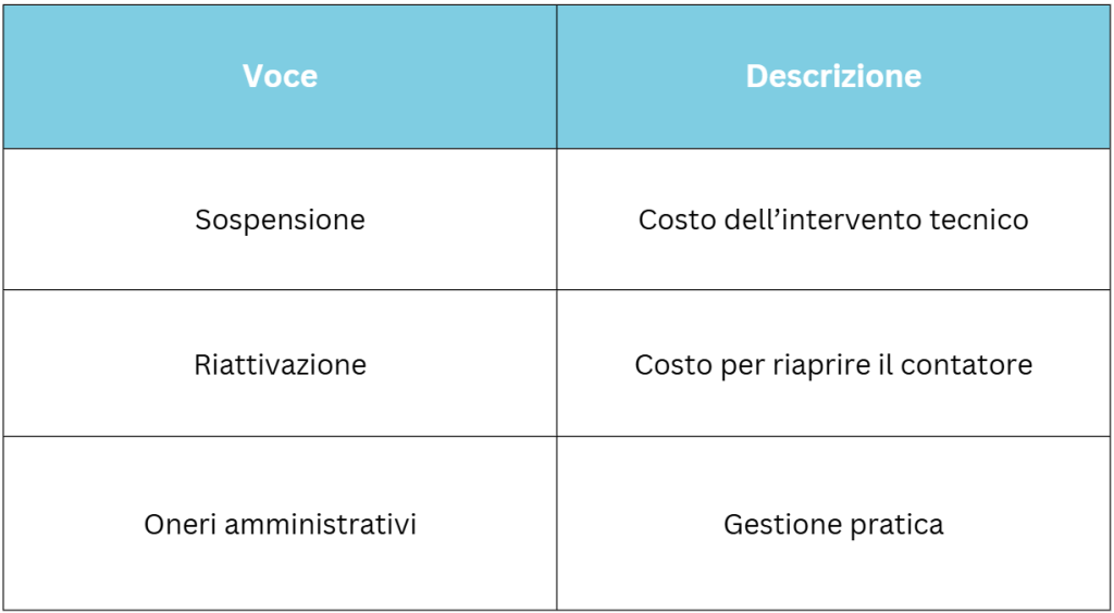 Costi sospensione gas e riattivazione fornitura con voci di spesa e interventi tecnici