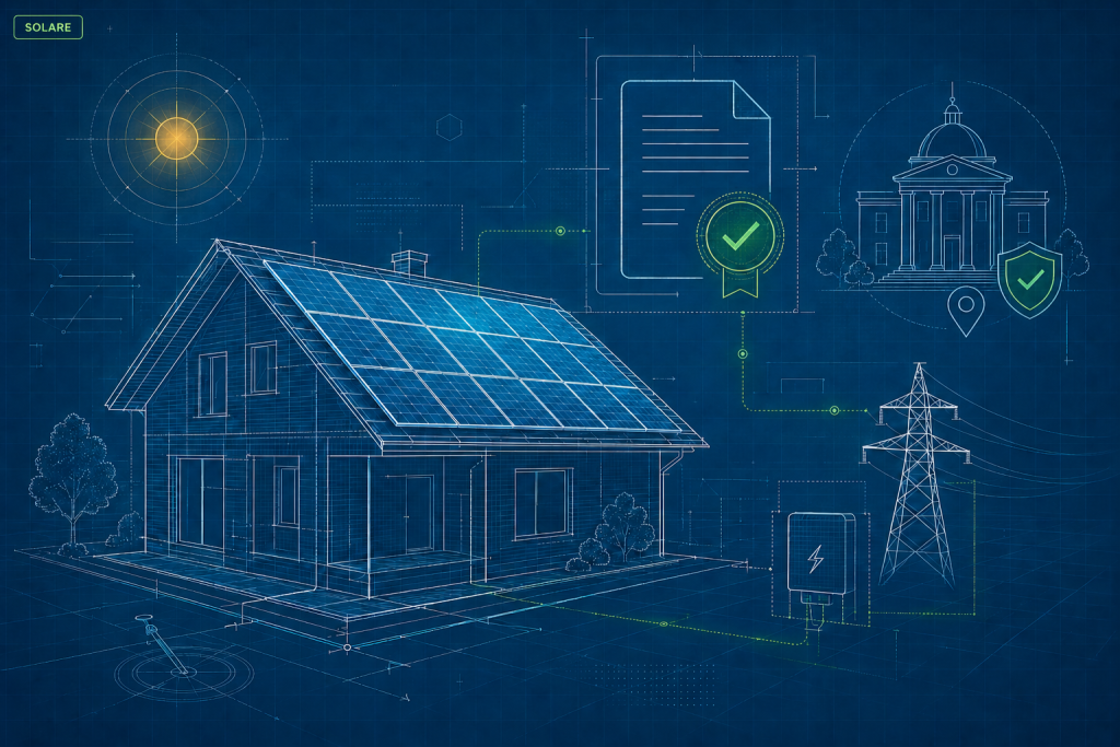 Schema tecnico di un impianto fotovoltaico su tetto con riferimenti ad autorizzazioni, Comune e connessione alla rete elettrica