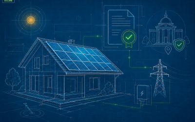Schema tecnico di un impianto fotovoltaico su tetto con riferimenti ad autorizzazioni, Comune e connessione alla rete elettrica