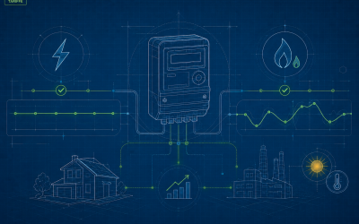 Schema tecnico con contatore energia, simboli luce e gas e confronto tra andamento stabile e variabile delle tariffe