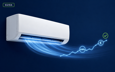 Condizionatore domestico con flusso d’aria e simboli kWh ed euro per spiegare consumi e costi in estate
