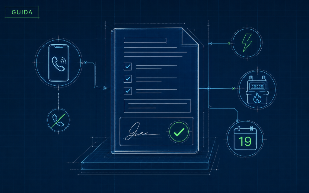 Copertina in stile blueprint tecnico con contratto luce e gas, smartphone, simboli di energia e gas, check di consenso e calendario del 19 giugno.