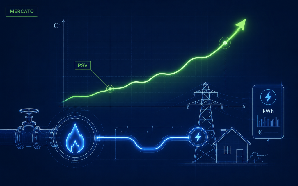 Illustrazione tecnica su fondo blu che collega il prezzo PSV del gas alla rete elettrica e alla bolletta luce in kWh.