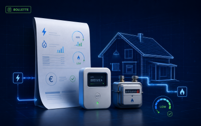 Copertina editoriale con bolletta, contatori luce e gas e seconda casa su sfondo tecnico blu, dedicata alla scelta delle utenze per consumi bassi.