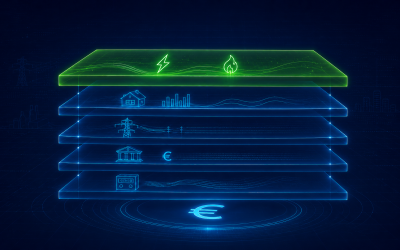 Illustrazione tecnica con livelli sovrapposti che rappresentano le diverse componenti della bolletta luce e gas.