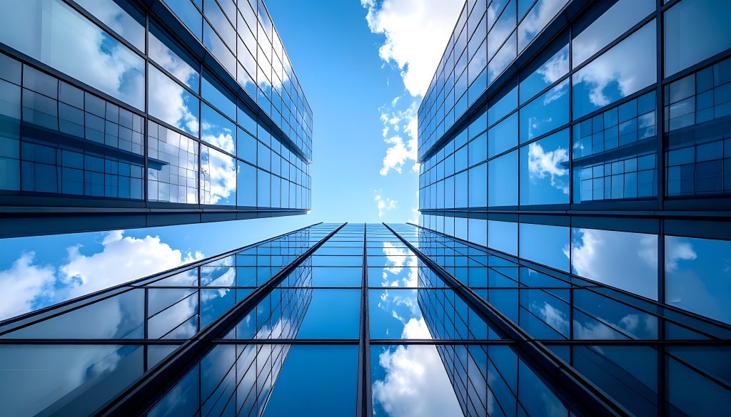 modern,glass,office,buildings,reflect,a,bright,blue,sky,with