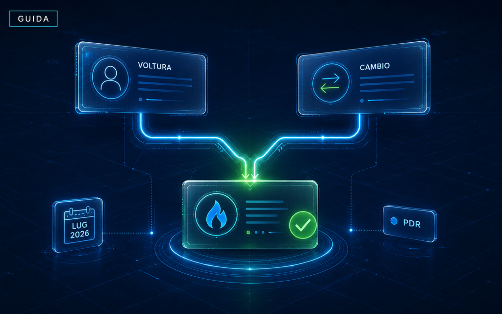 Copertina editoriale con due flussi digitali, voltura e cambio fornitore, che convergono in un unico processo approvato per la fornitura gas da luglio 2026.