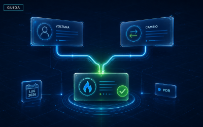 Copertina editoriale con due flussi digitali, voltura e cambio fornitore, che convergono in un unico processo approvato per la fornitura gas da luglio 2026.